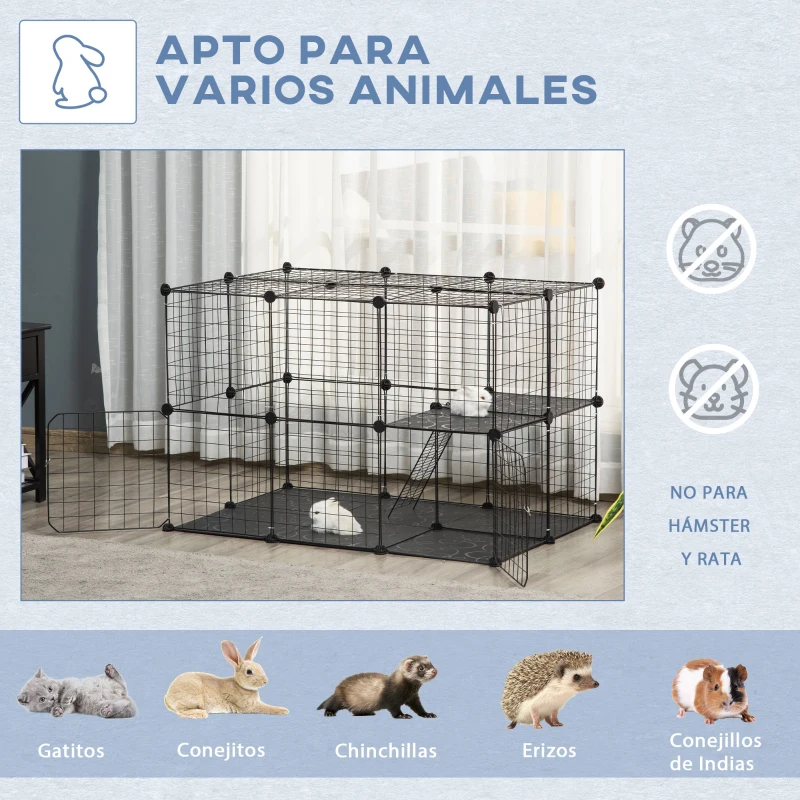 PawHut Jaula para Animales Pequeños de 3 Niveles con Rampas y Forma Personalizable para Cobayas Conejos 70x70x105 cm Negro
