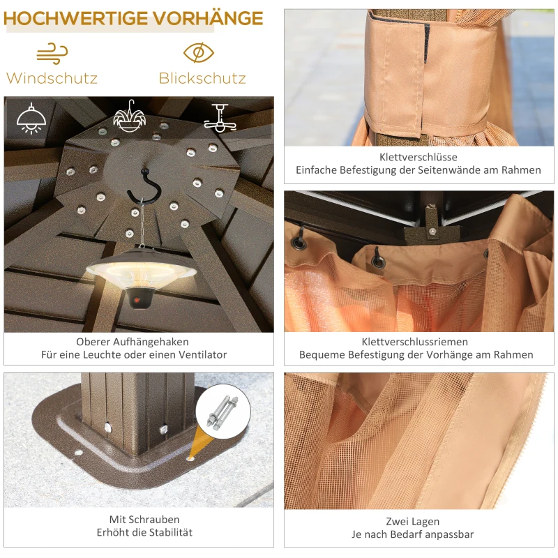 Outsunny Gartenpavillon mit Metalldach, 3 x 3 x 2,6m, 4 Vorhänge, wetterfest, Aluminium, braun