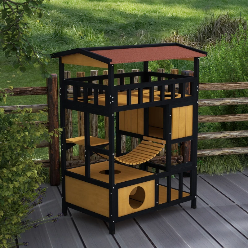 PawHut Katzenhaus, Katzenparadies mit Plattformen, Hängebrücke und Katzenhöhlen, für bis zu 2 Katzen geeignet, Holz(m-9)