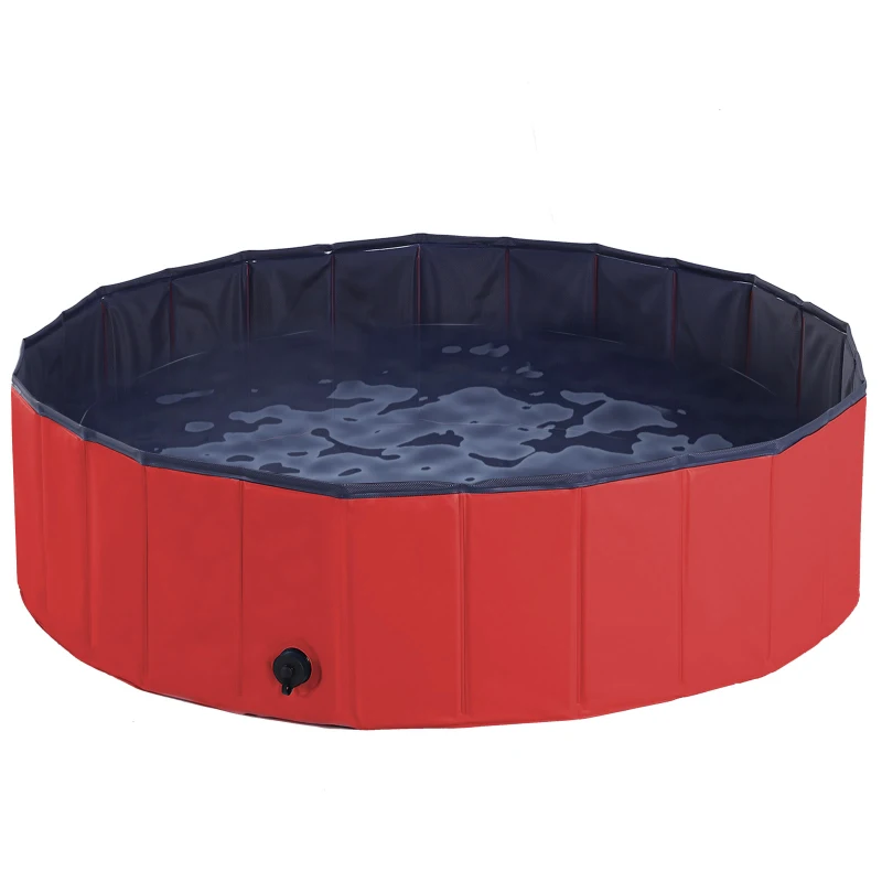 PawHut Dog Paddling Pool, Foldable Dog Pool, Leakproof & Hard Plastic, Portable Pet Bathtub with Non-Slip Base & Drainage Hole, for Indoors, Outdoors, Garden, Patio, 120 x 30 cm, Red