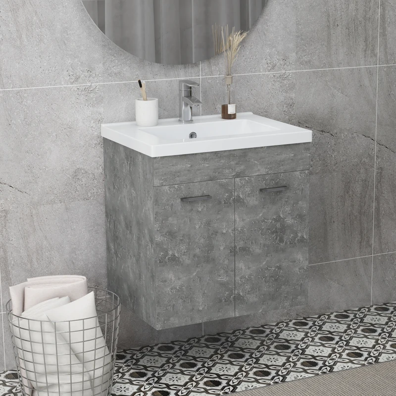 kleankin Mueble de Baño con Lavabo Cerámico Armario Bajo de Lavabo de Pared con 2 Puertas Estante Ajustable 60x45,5x60 cm Gris