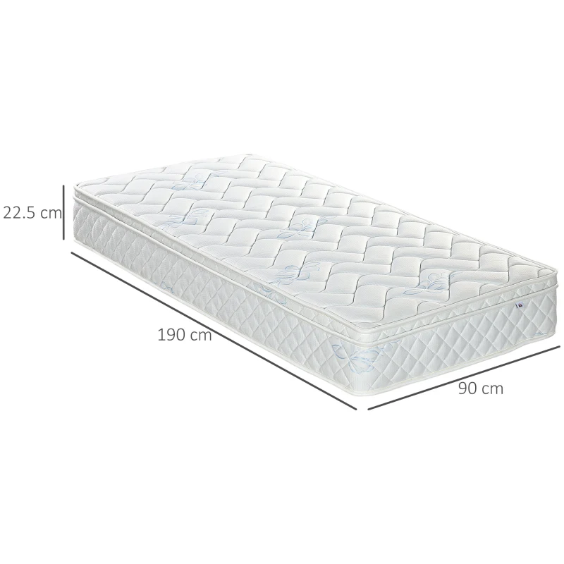 HOMCOM Single Mattress, Pocket Sprung Mattress in a Box with Breathable Foam and Individually Wrapped Spring, 190cmx90cmx22.5cm, White