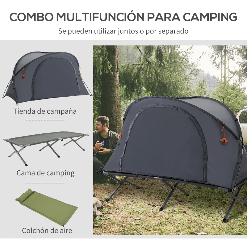 Outsunny Tienda de Campaña 3 en 1 con Cama Colchón Hinchable y Bolsa de Transporte para Senderismo 200x86x147 cm Gris