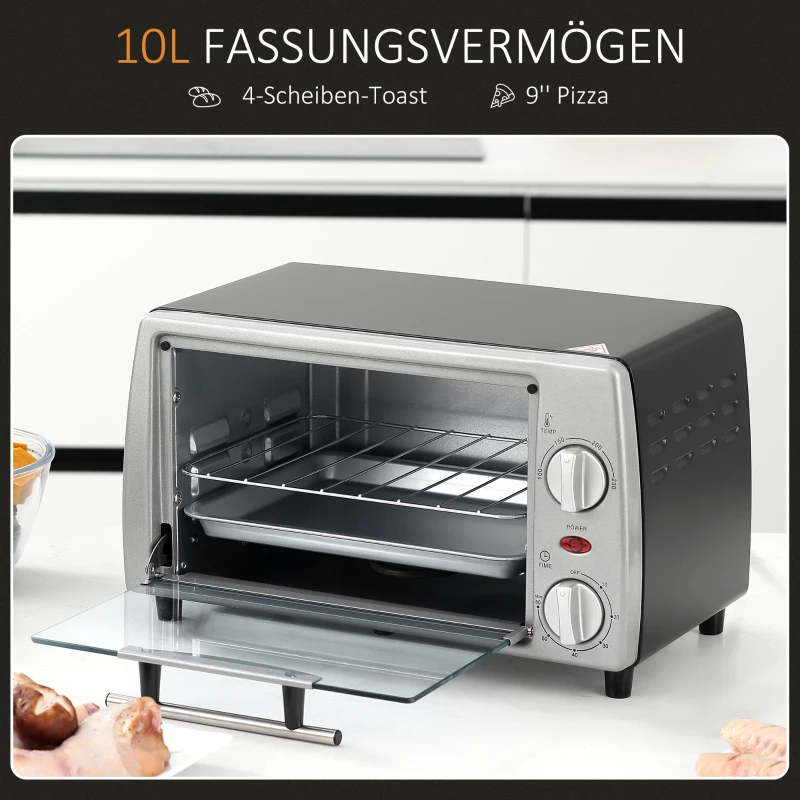HOMCOM Mini Backofen 10 L 750W 100-230℃ 60 Min. Timer mit Backblech, Grillrost und Herausnehmbarer Bodenschale, Pizza-Ofen Silber