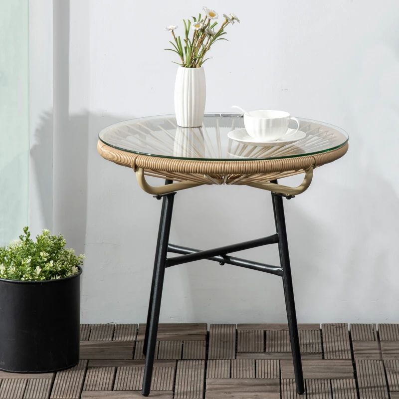 Outsunny Gartentisch im Boho-Stil, PE-Rattan, gehärtetes Glas, wetterbeständig, 50 cm x 50 cm x 50 cm, Beige