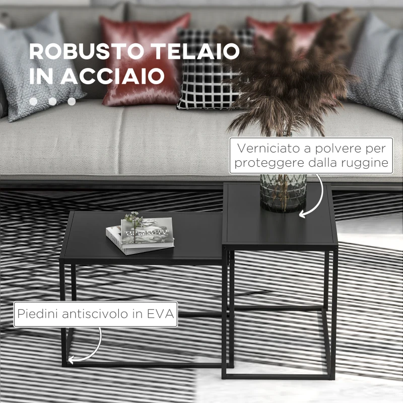 HOMCOM Set 2 Tavolini da Salotto Moderni Impilabili con Telaio in Acciaio, Nero