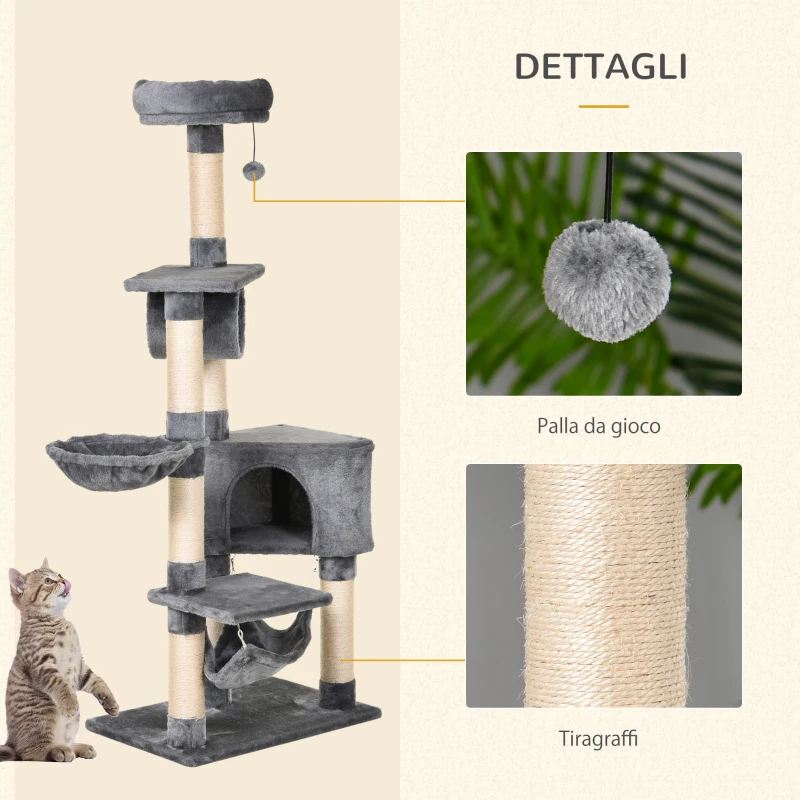 PawHut Tiragraffi a Colonna per Gatti con Cuccia, Amaca, Lettini Sospesi e Pali in Corda Sisal, Grigio, 60x40x154cm