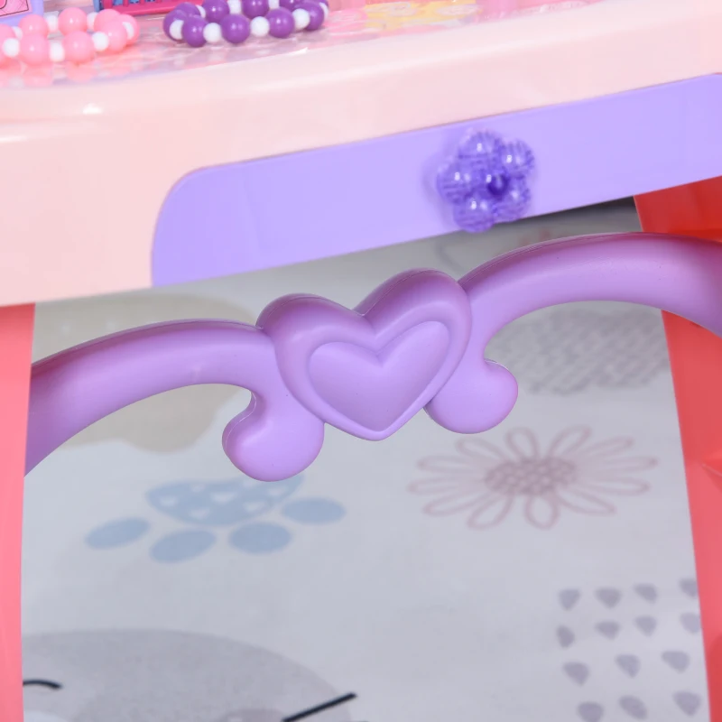 HOMCOM Kids Pretend Vanity Table Stool Beauty Pretend Princess Dressing Table Play Set with Mirror Lights Music & Makeup Accessories for Girls 3 Years Old Pink