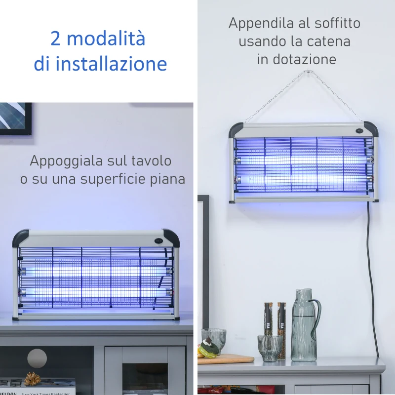 Outsunny Elettroinsetticida da Esterno e Interno con Lampada Antizanzare UV per 60m², Zanzariera Elettrica 30W, Nero e argento