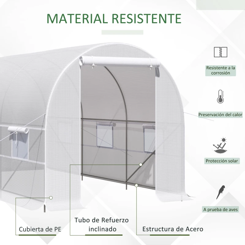 Outsunny Invernadero de Túnel 400x200x200 cm Invernadero de Jardín con Puerta Enrollable y 6 Ventanas PE 140 g/m² Anti-UV Blanco(m-4)