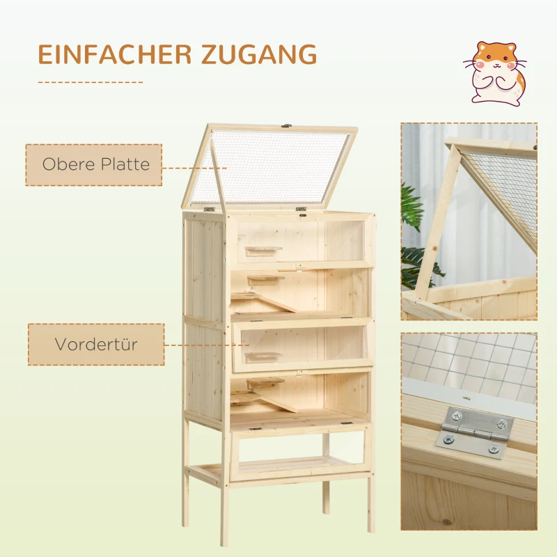 PawHut Hamsterkäfig aus Holz 5 Etagen Nagarium Nagerkäfig Kleintierkäfig mit Gitterdach Rampen, Holzkäfig Mäusekäfig groß Käfig für Hamster Zwerghamster 60 x 40 x 120 cm Naturholz