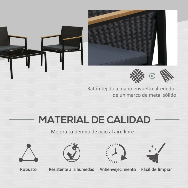 Outsunny Conjunto de Jardín de Ratán Sintético con Sofá Doble 2 Sillones y Mesita de Centro con Encimera de Cristal