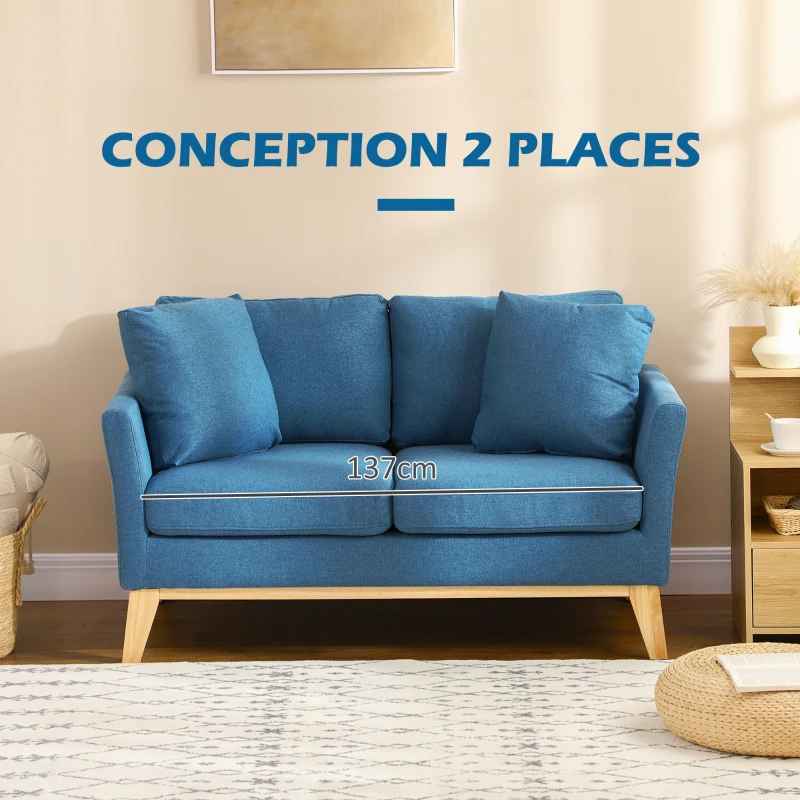 HOMCOM Canapé 2 places fauteuil salon design scandinave pieds en bois massif tissu imitaion lin 137 x 78 x 78 cm bleu