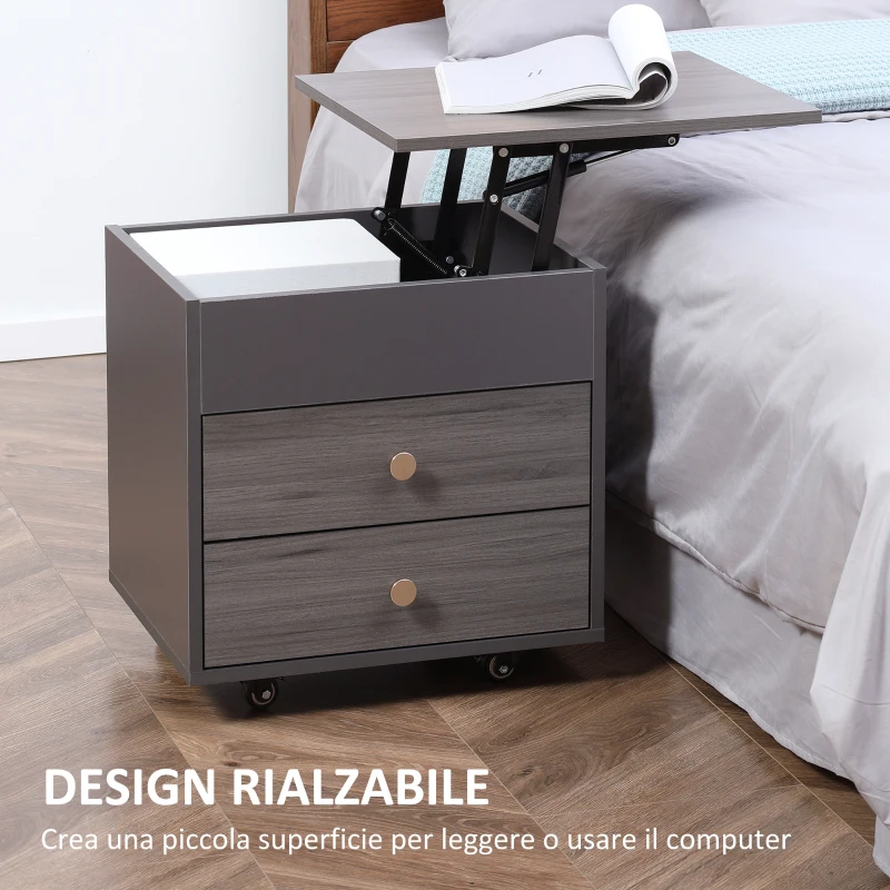 HOMCOM Comodino Moderno in Legno con Piano Sollevabile, 2 Cassetti e Ruote, 50x40x50cm, Grigio