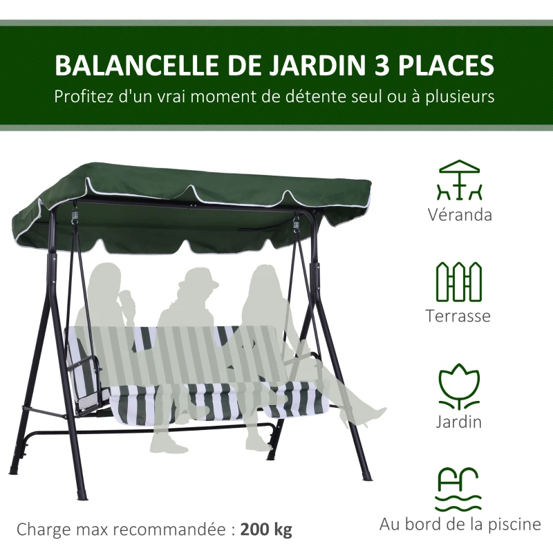 Outsunny Balancelle de Jardin 3 Places Toit Inclinaison réglable Coussins Assise et Dossier 1,72L x 1,1l x 1,52H m Acier Noir Polyester Vert