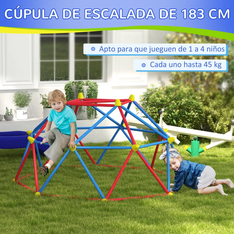 Outsunny Cúpula de Escalada Juego de Cúpula Geométrica para 3-8 Años con Marco de Metálico Carga 180 kg Ø183x90 cm Rojo y Azul