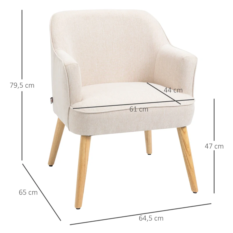 HOMCOM Butaca de Salón Moderna Sillón Tapizado en Lino Sintético Patas de Madera para Dormitorio Oficina 64,5x65x79,5 cm Crema