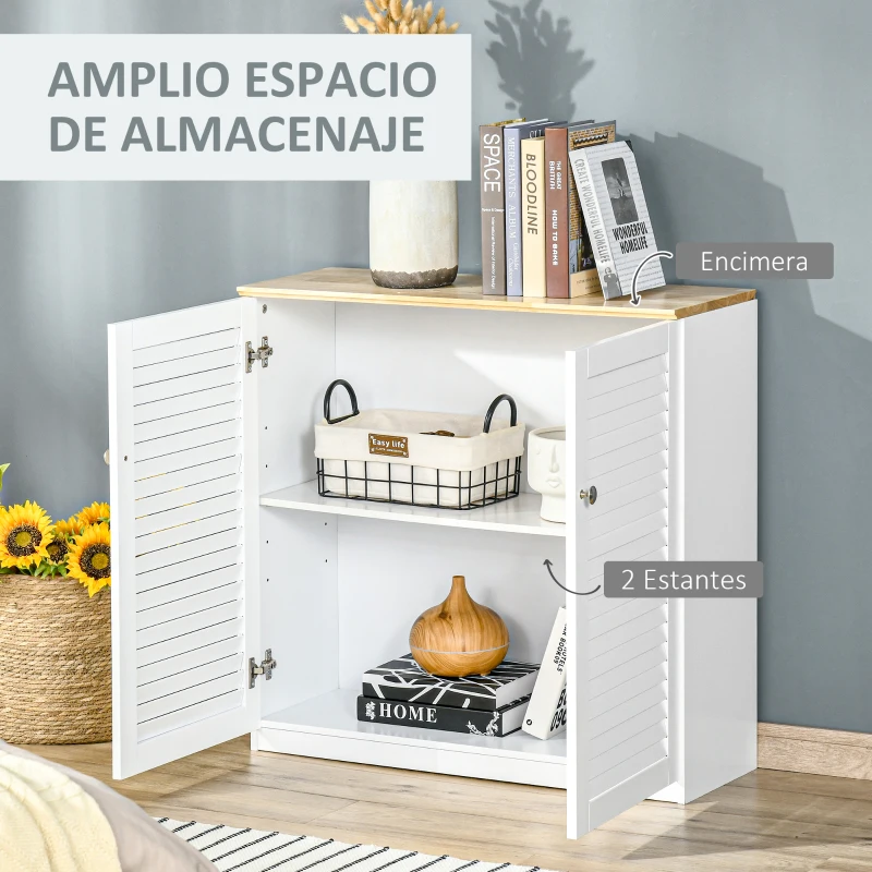 HOMCOM Aparador de 2 Puertas Diseño de Persiana con Estante Ajustable Armario Auxiliar de Almacenaje Moderno para Salón Dormitorio 80x30x78,5 cm Blanco(m-5)