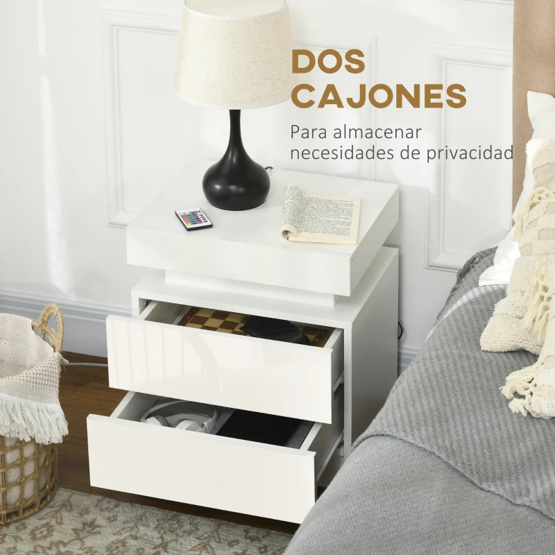 HOMCOM Mesita de Noche Blanca con Luz LED Mesita Decorativa con 2 Cajones y Mando a Distancia 45x35x52 cm Blanco