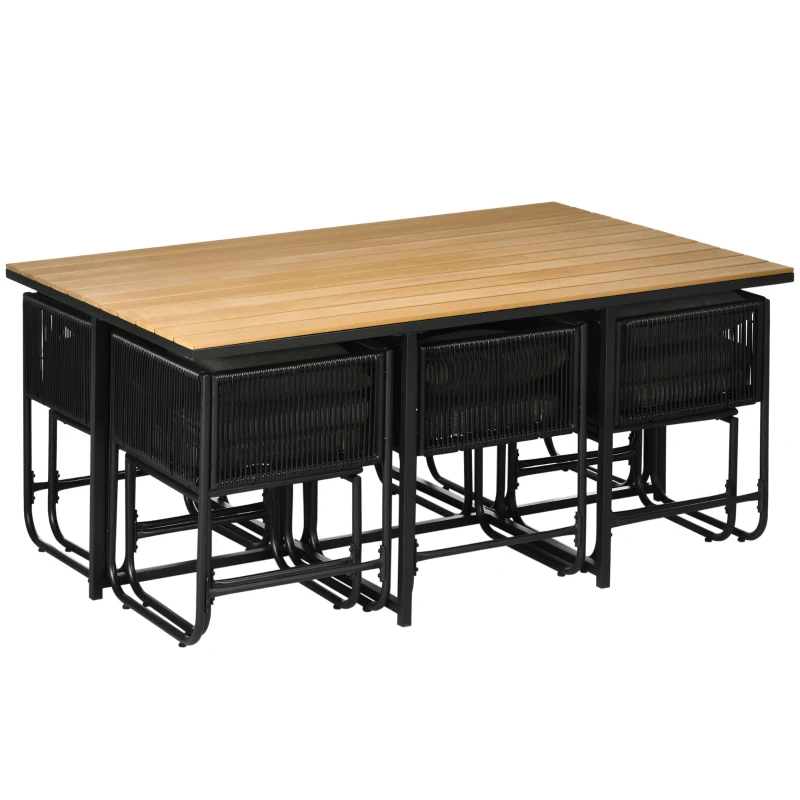 Outsunny 10 Seater Rattan Cube Garden Furniture Set, Rattan Dining Set with Cushions, Outdoor Dining Table and Chairs with 6 Armchairs, 4 Stools, Rectangular Wood Grain Plastic Top Table, Black