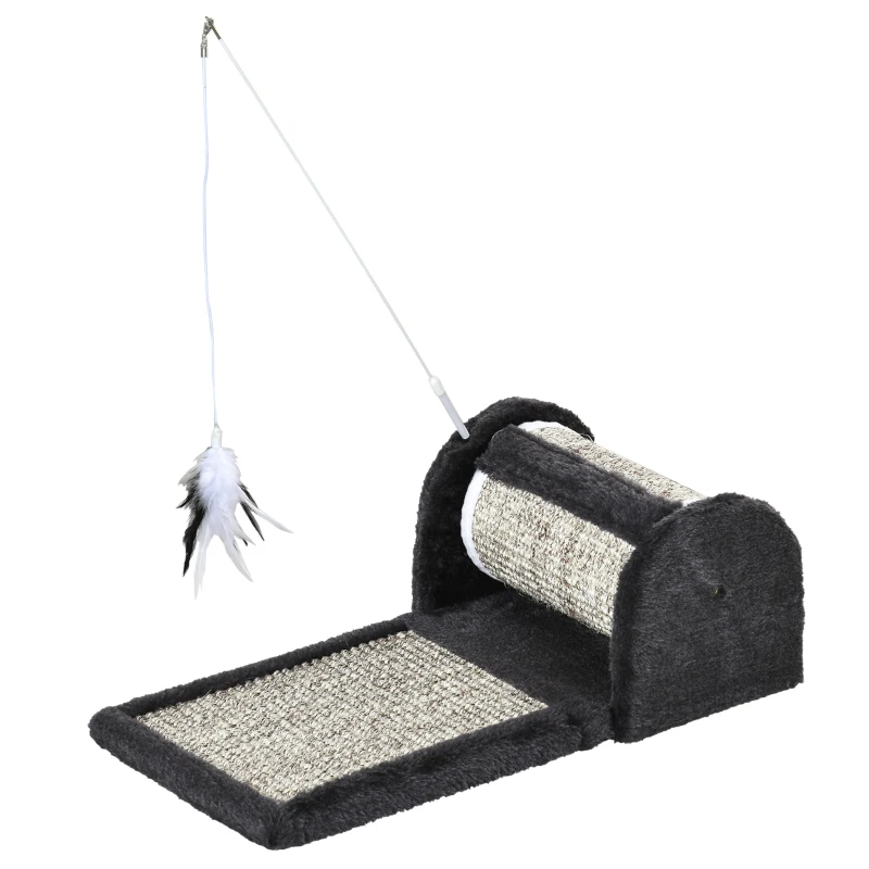 PawHut Rascador para Gatos con Rodillo Tablero para Rascar Cubiertos de Sisal Natural y Juguete Colgante Centro de Actividades para Mascotas 44x24x16 cm Gris