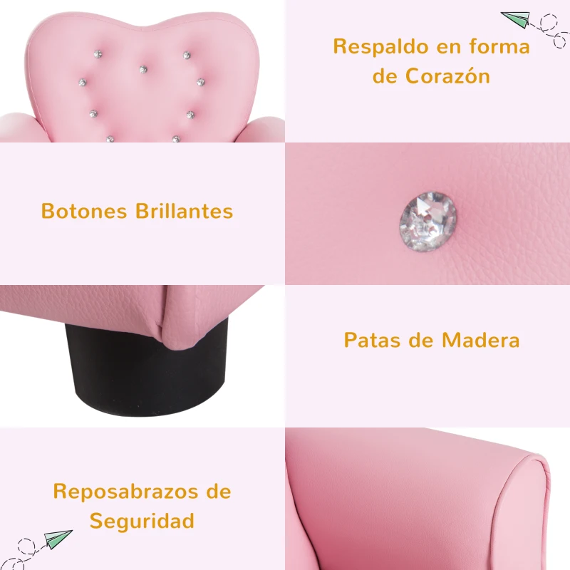HOMCOM Sillón Infantil Sofá para Niños Decorativo en Forma de Corazón con Asiento Reposabrazos Acolchados Respaldo Alto 59x41,5x49 cm Rosa
