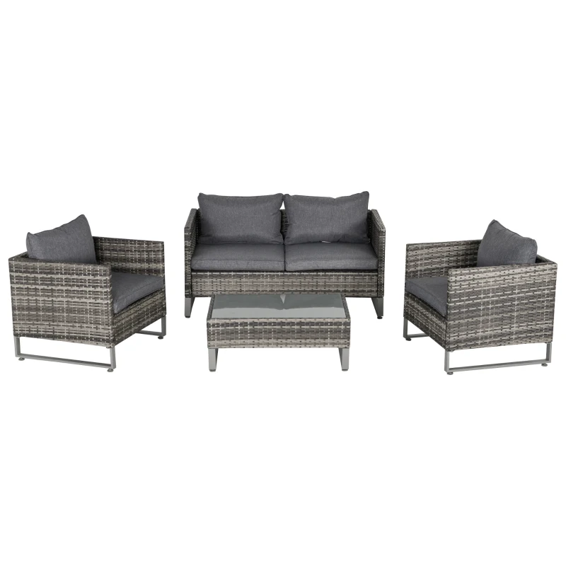 Outsunny 4 Pieces PE Rattan Garden Furniture with Cushion, Outdoor Wicker Conservatory Sofa Set w/ Armchairs, Loveseat, Glass Top Coffee Table, Dark Drey