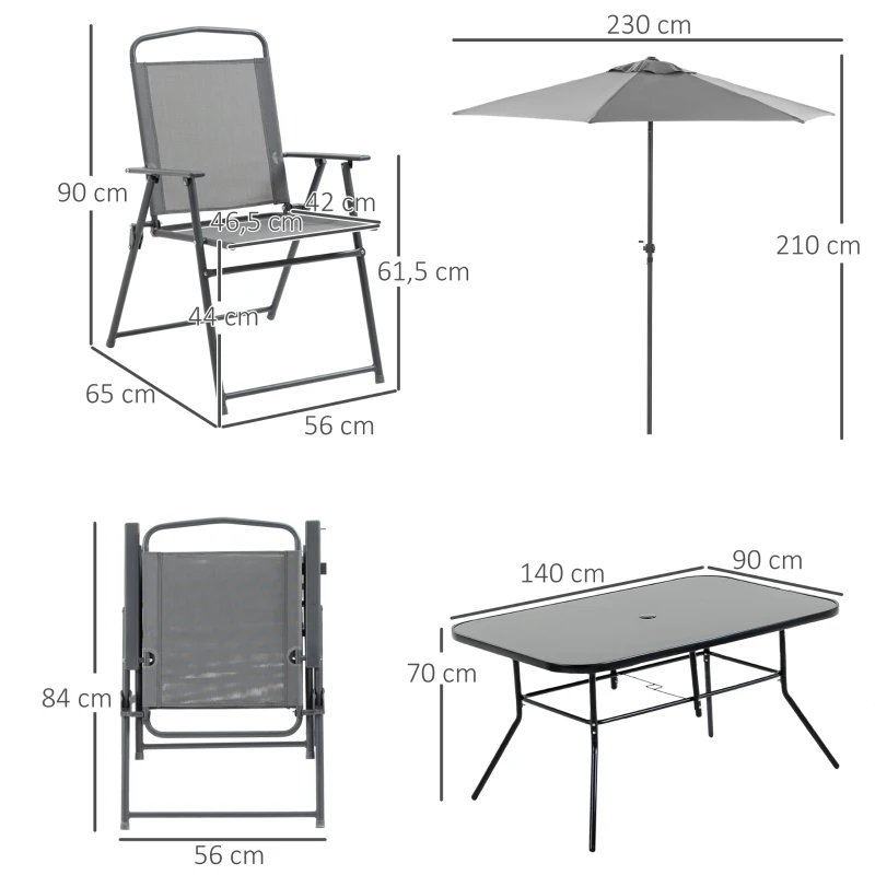 Outsunny Ensemble salon de jardin 8 pièces avec grand parasol, table dim.140L x 90l x 70H cm et chaises pliantes pour 6 personnes - métal époxy textilène polyester gris