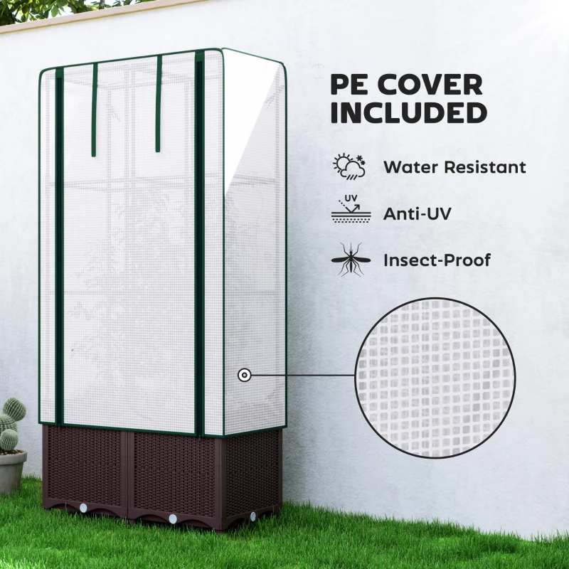 Outsunny Raised Garden Bed with Trellis, Plastic Planter Box with PE Cover, Drainage Holes, Drain Plugs and Water Reservoirs for Climbing Plants, Vegetables, Flowers, 80 x 40 x 140 cm