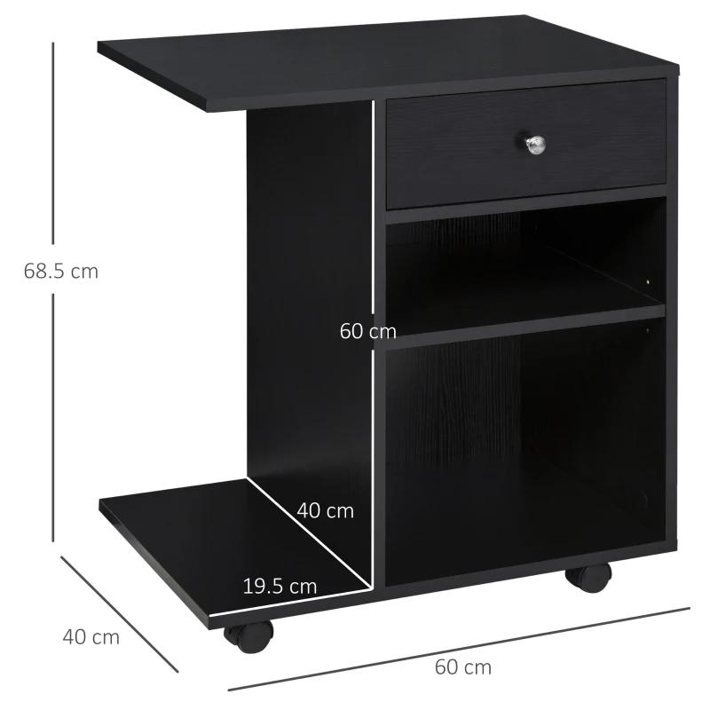 Vinsetto Mobile Porta Stampante in Legno Nero con 1 Cassetto, 2 Ripiani e Mensola CPU, per Ufficio 60x40x68.5cm