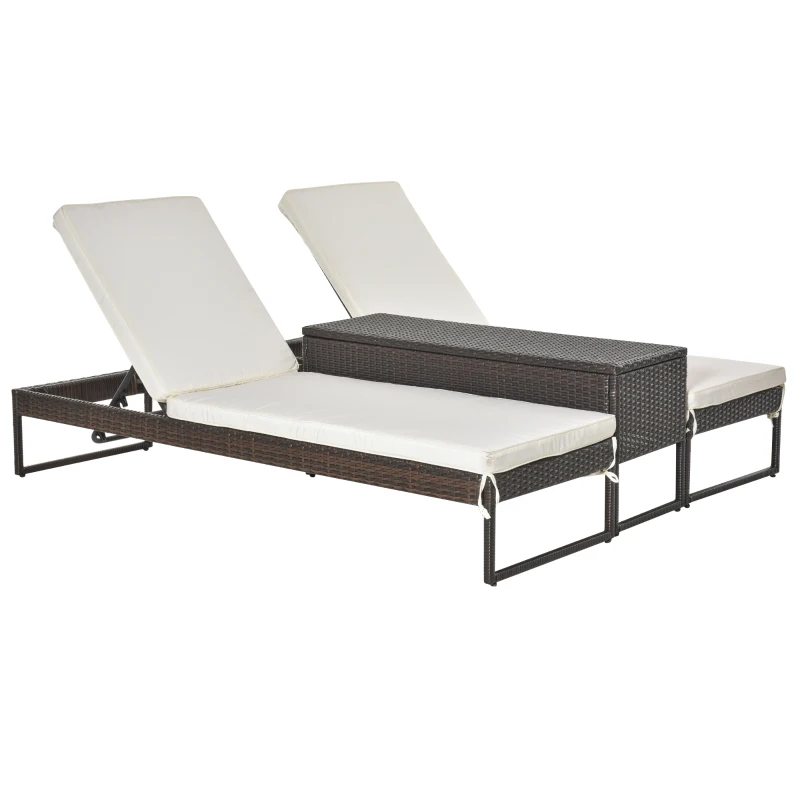 Outsunny Conjunto de 2 Tumbonas de Jardín con Cojines Acolchados Ratán con Mesa Auxiliar para Piscina o Terraza Carga 160 kg 195x60x86 cm Acero Marrón
