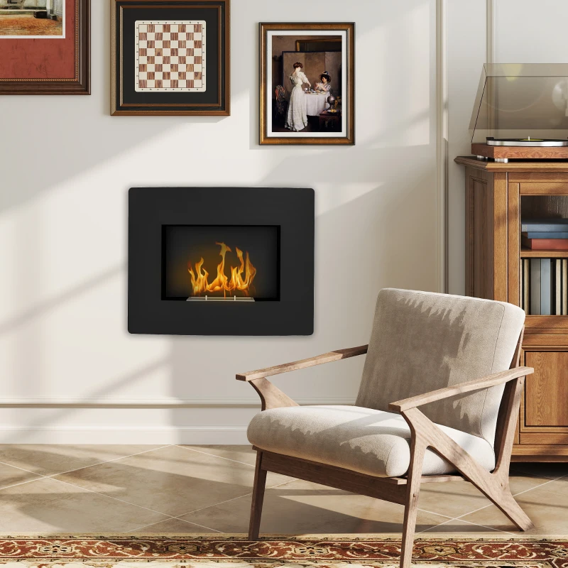 HOMCOM Chimenea de Bioetanol de Pared con Tanque de 0,9 L Tiempo de Combustión 3,3H para Interiores 15-20 m² 66x16x52 cm Negro