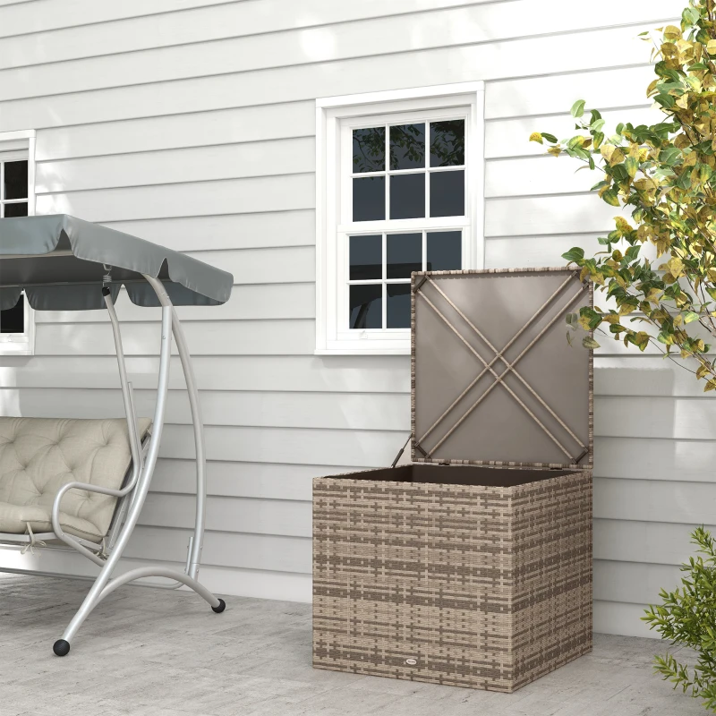 Outsunny Baule da Esterno in Rattan PE e Acciaio con Fodera Interna, 75x75x70 cm, Nero e color Sabbia