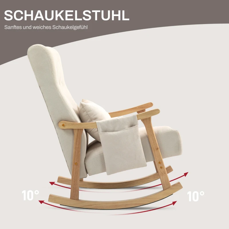 HOMCOM Schaukelstuhl mit Nierenkissen, breiter Sitz, Kautschukholzrahmen, bis 120 kg, Beige