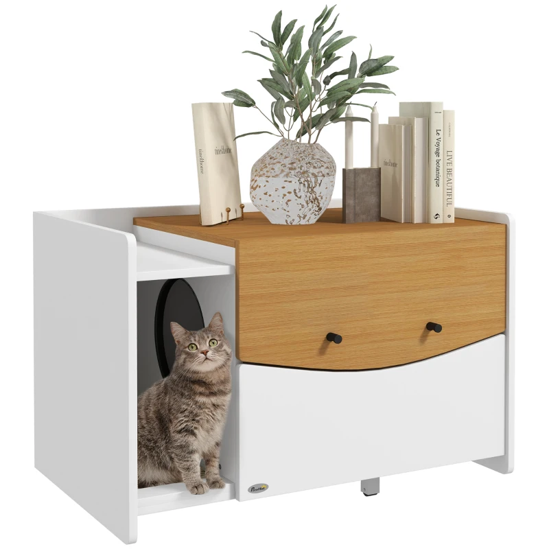 PawHut Katzentoilette, ausziehbar, Schrankdesign, Streufach, 78x50x51cm, Eiche/Weiß