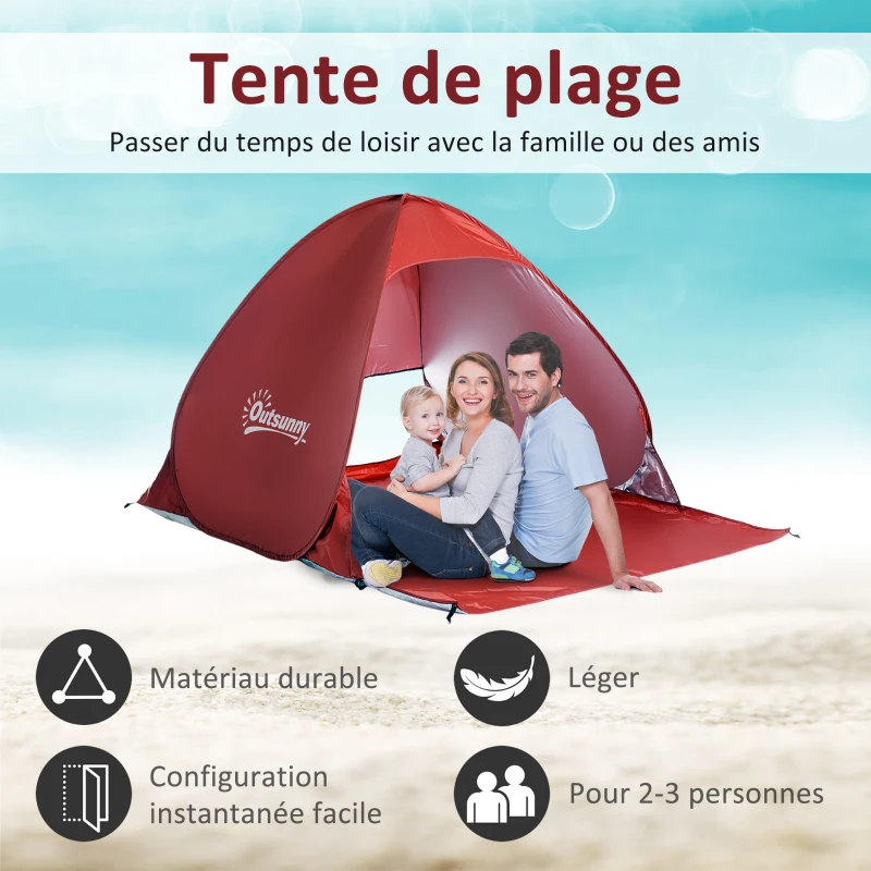 Outsunny Abri de plage tente de plage pliable pop-up automatique instantané protection UV fenêtre arrière grand tapis de sol rouge brique