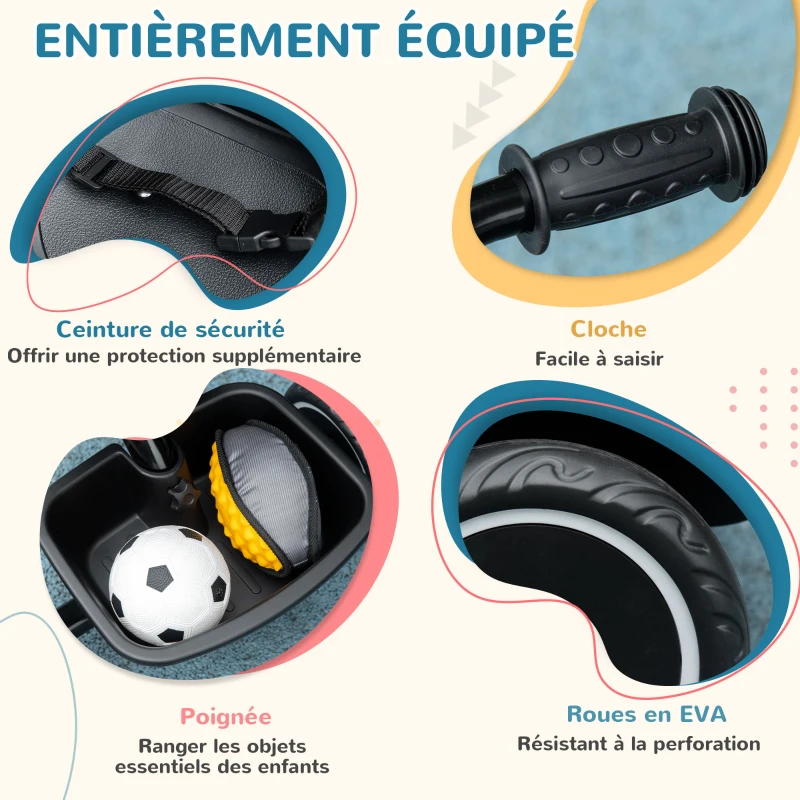 AIYAPLAY Tricycle pour enfant évolutif avec siège réglable pédales 2 paniers ceinture pour enfant de 2 à 5 ans noir