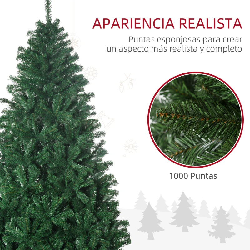 HOMCOM Árbol de Navidad de 180 cm Árbol Artificial 1000 Puntas para Decoración Navideña de Plástico Metal Ø120x180 cm Verde