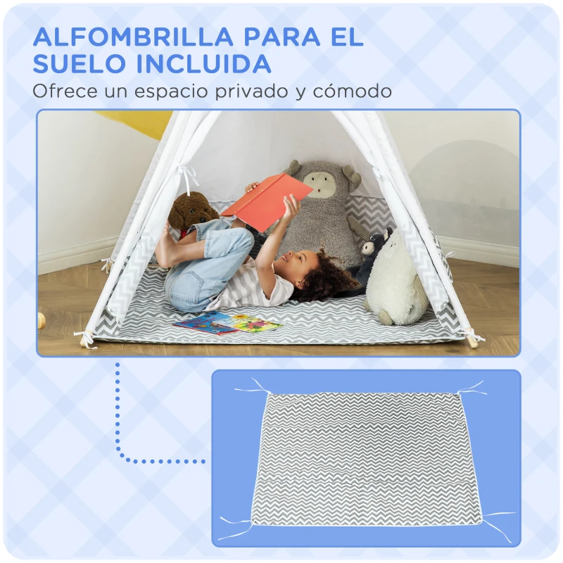 HOMCOM Tienda de Campaña para Niños de +3 Años Tipi Infantil de Madera Portátil con Ventana Colchoneta y Bolsa de Transporte para Interiores y Exteriores 120x120x155 cm Gris