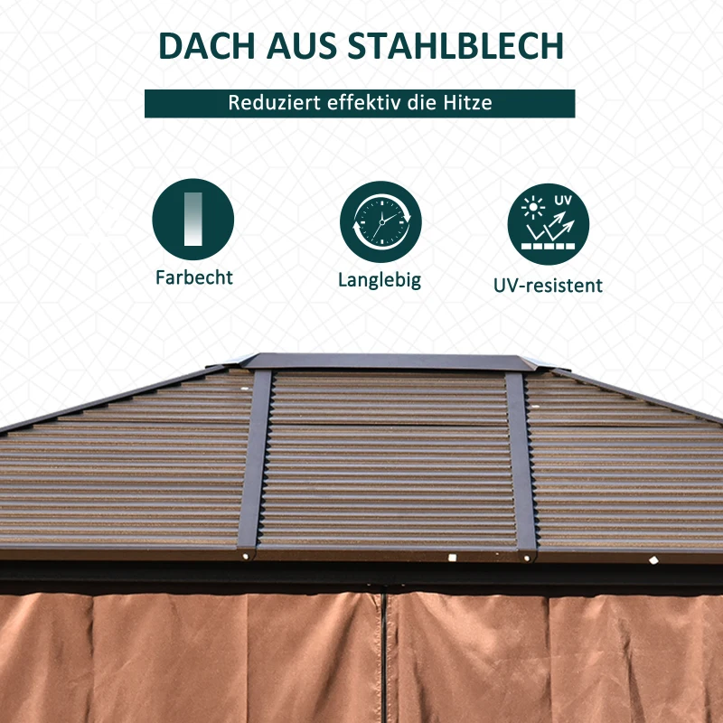 Outsunny Gartenpavillon mit Metalldach, 3 x 3,7 x 2,6m, 4 Vorhänge, wetterfest, Aluminium, braun