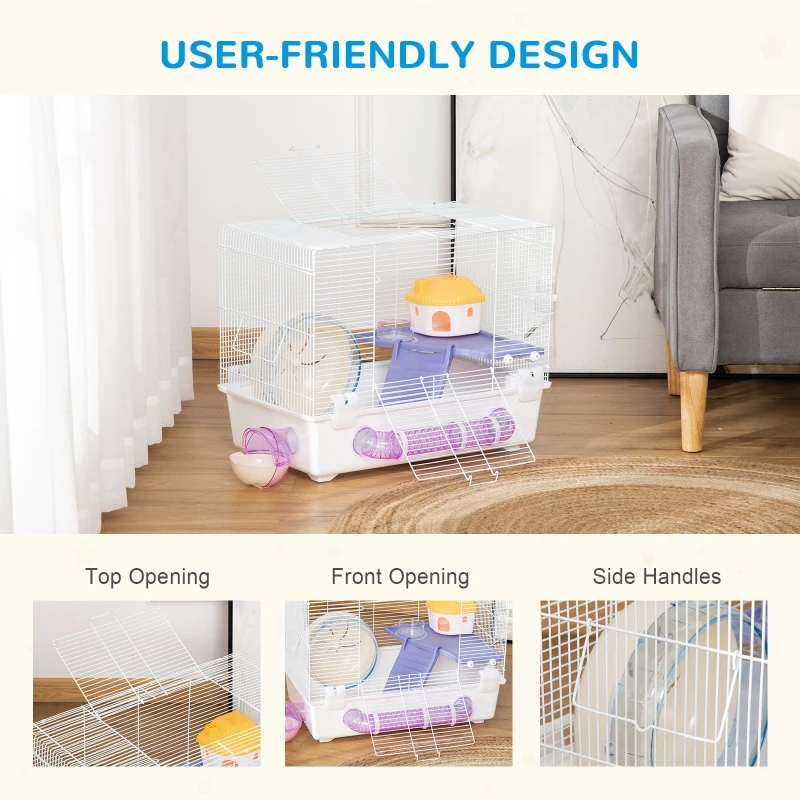 PawHut 2 Tier Hamster Cage Gerbil Rodent House Small Animal Habitat with Exercise Wheels Tunnel Tube Water Bottle Dishes Ladder, White