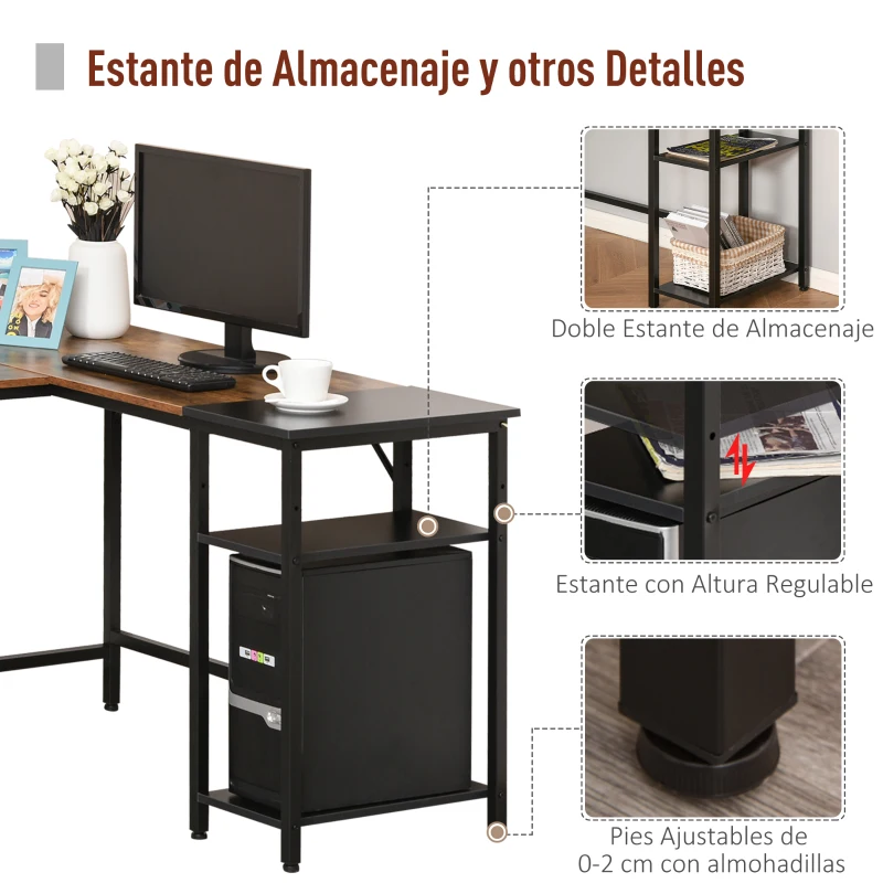 HOMCOM Escritorio Esquinero Mesa de Ordenador estilo Industrial en Forma de L para Oficina con Estante y Pies ajustables 150x120x75 cm Marrón Rústico