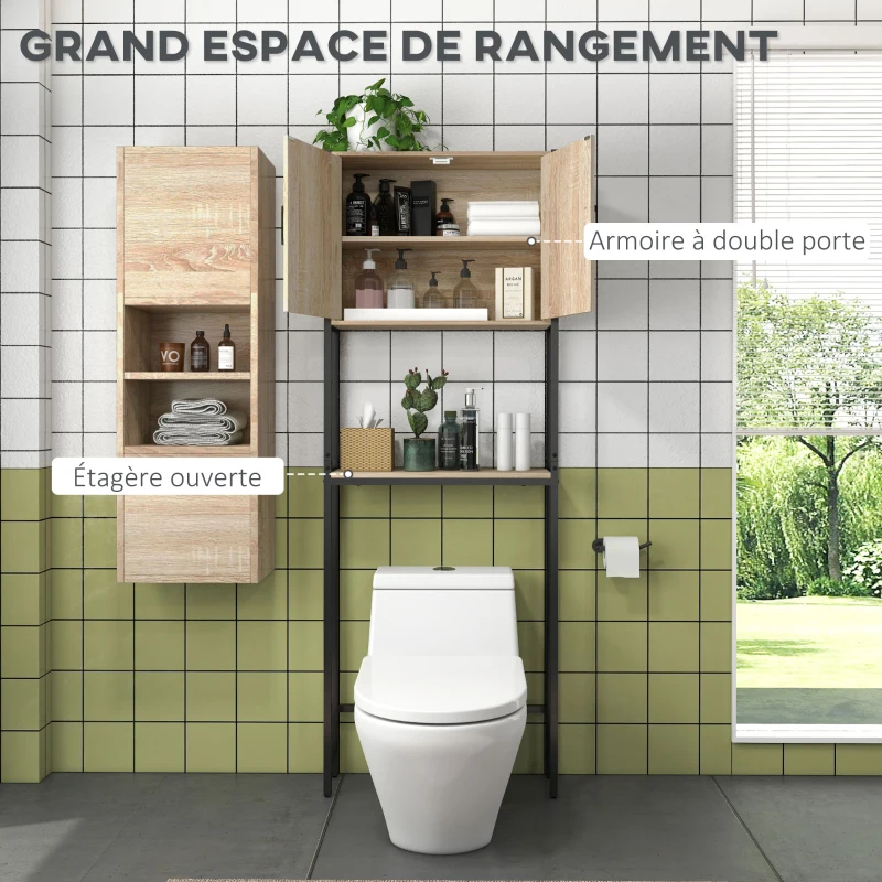 kleankin Étagère de toilettes meuble de salle de bain dessus toilette WC avec placard 2 portes et étagère ouverte