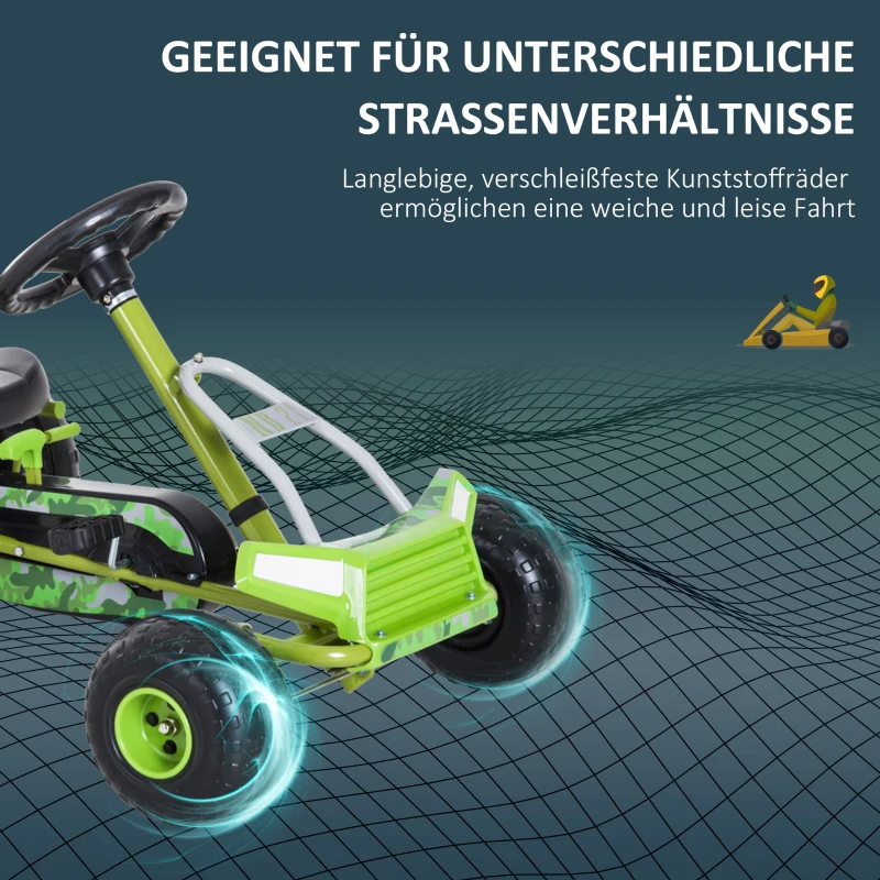HOMCOM Kinder Go Kart Tretauto Tretfahrzeug Kinderfahrzeug mit Verstellbarem Sitz Pedalfahrzeug mit Handbremse ab 3 Jahren Grün 95 x 66,5 x 57cm