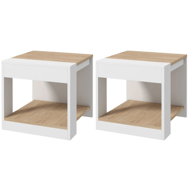 HOMCOM Set da 2 Tavolini da Soggiorno con Design a Due Livelli, 40x40x45cm, Bianco e Quercia