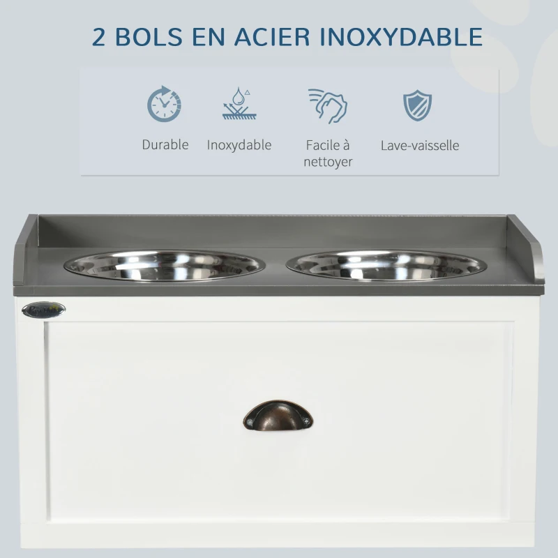 PawHut Gamelle double chien chat - porte-gamelles surélevé rangement 2 en 1 - tiroir, 2 gamelles - acier inox. MDF blanc gris