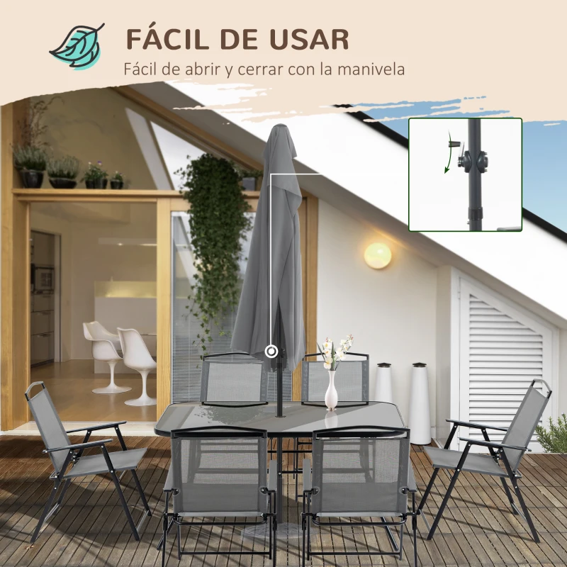 Outsunny Conjunto de Muebles de Jardín 8 Piezas con 6 Sillas Plegables Mesa de Comedor de Vidrio y Sombrilla Inclinable con Manivela Protección del Sol para Terraza Exterior Gris