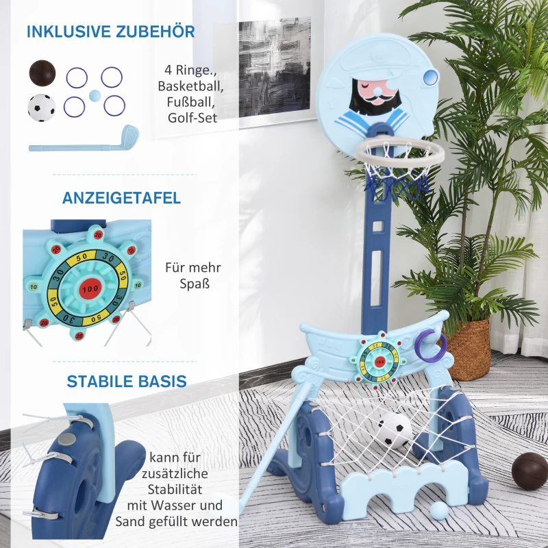HOMCOM Basketballständer Set 4-in-1 Kinder Basketballkorb Sportaktivitätscenter Fußball- /Golfspiel für 3-6 Jahre Kinder höhenverstellbar Blau 58 x 56 x 154 cm