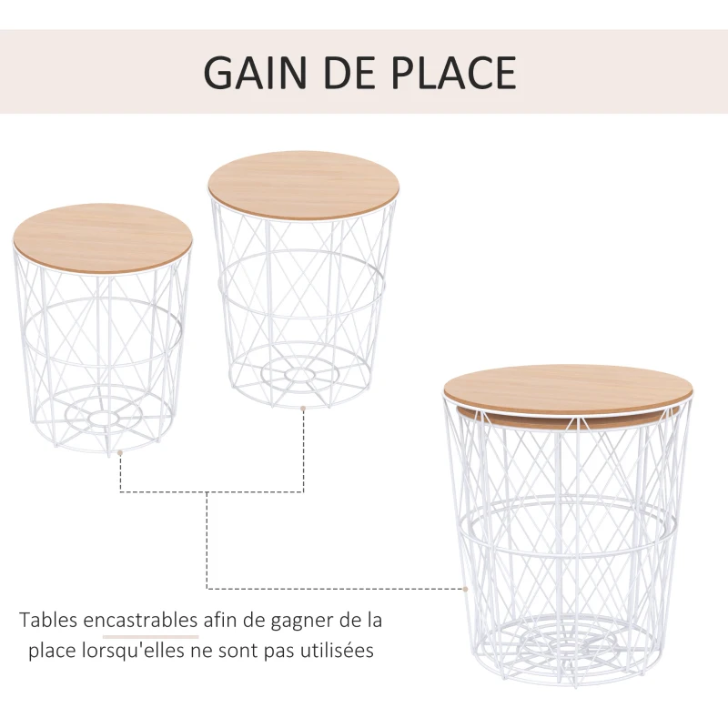 HOMCOM Lot de 2 Tables Basses gigognes Tables d'appoint Rondes encastrables Style néo-rétro Bicolore Structure métal Blanc Plateau MDF Coloris hêtre