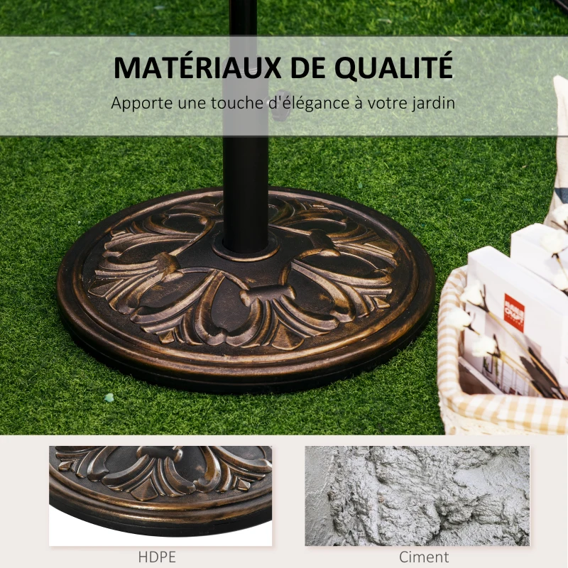 Outsunny Pied de parasol rond base de lestage Ø 48 x 34H cm ciment HDPE motif fleurs de lys poids net 13 Kg noir doré